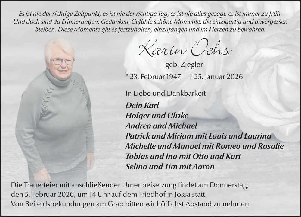  Traueranzeige für Karin Ochs vom 31.01.2026 aus FZ