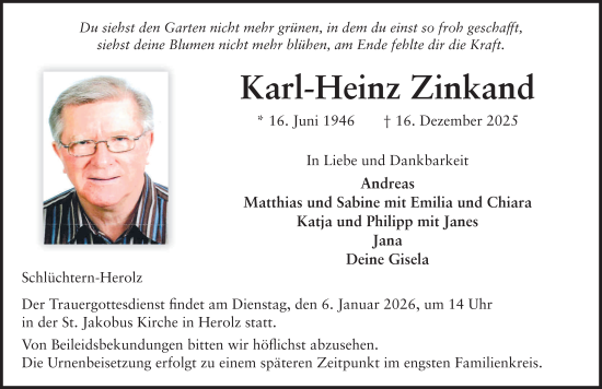Traueranzeige von Karl-Heinz Zinkand von FZ