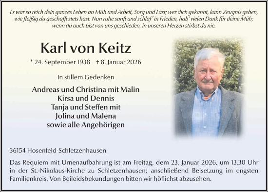 Traueranzeige von Karl von Keitz von FZ