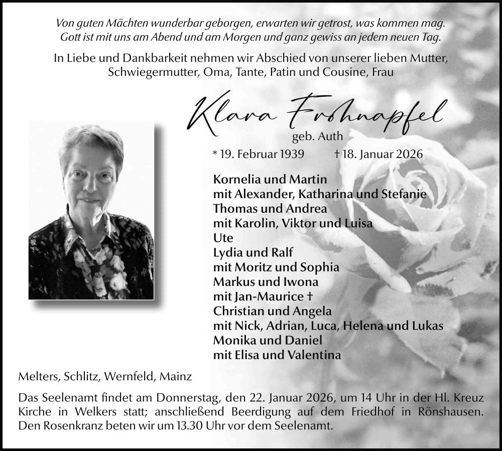  Traueranzeige für Klara Frohnapfel vom 20.01.2026 aus FZ