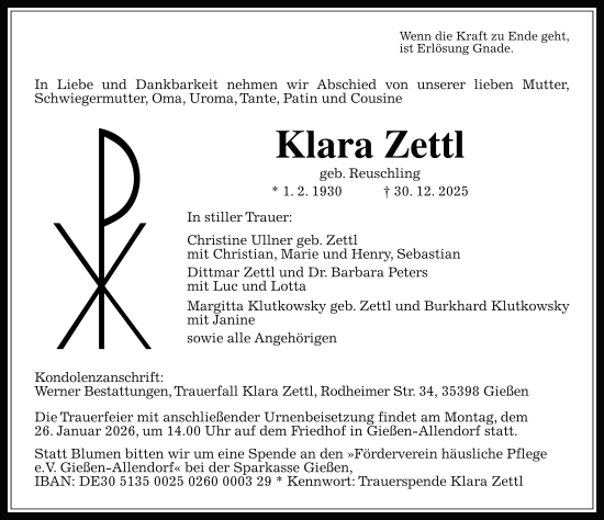 Traueranzeige von Klara Zettl von FZ