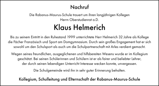 Traueranzeige von Klaus Helmerich von FZ