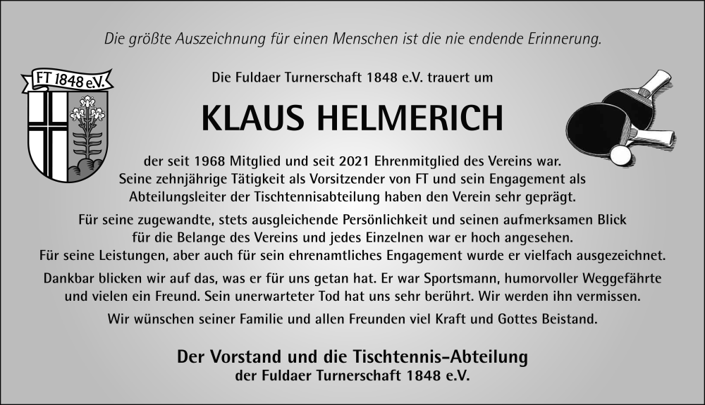  Traueranzeige für Klaus Helmerich vom 17.01.2026 aus FZ