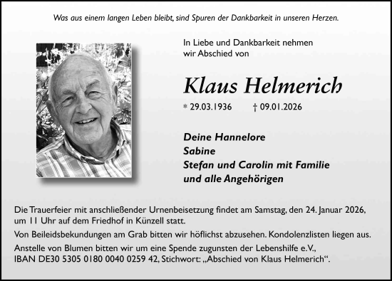Traueranzeige von Klaus Helmerich von FZ
