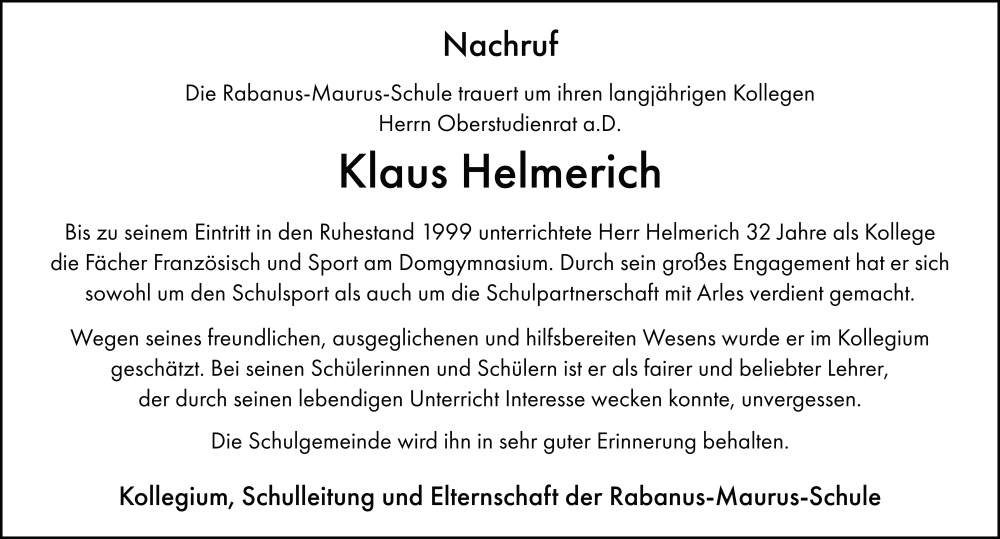  Traueranzeige für Klaus Helmerich vom 17.01.2026 aus FZ