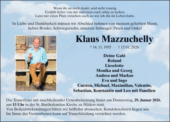 Traueranzeige von Klaus Mazzuchelly von FZ