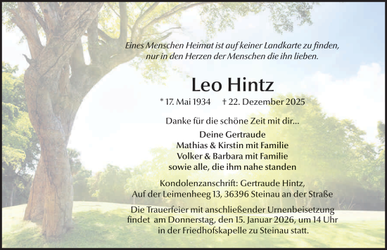 Traueranzeige von Leo Hintz von FZ