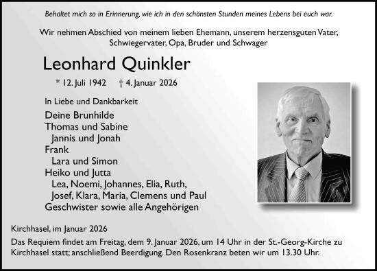 Traueranzeige von Leonhard Quinkler von FZ