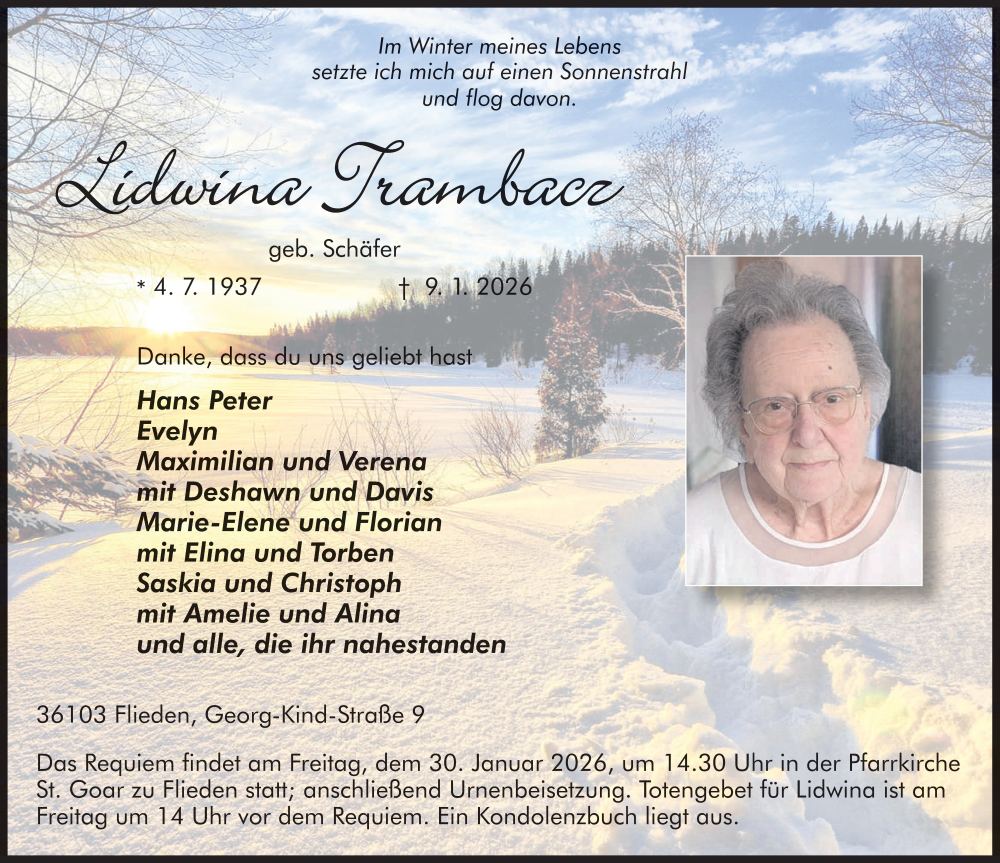  Traueranzeige für Lidwina Trambacz vom 24.01.2026 aus FZ
