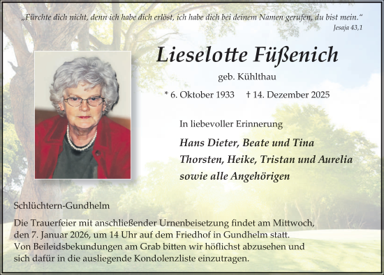Traueranzeige von Lieselotte Füßenich von FZ