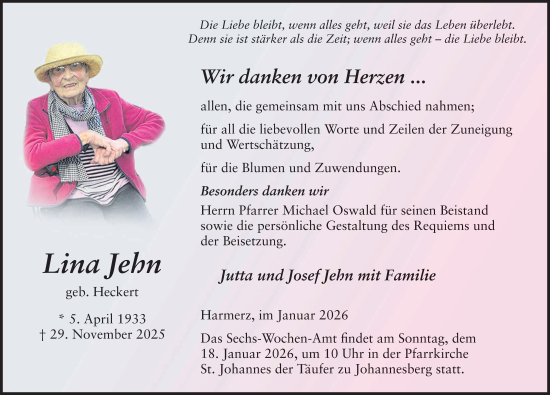 Traueranzeige von Lina Jehn von FZ