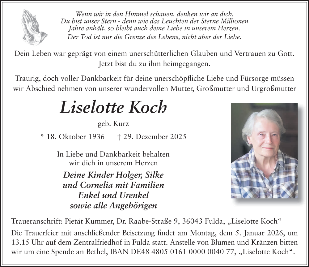  Traueranzeige für Liselotte Koch vom 03.01.2026 aus FZ