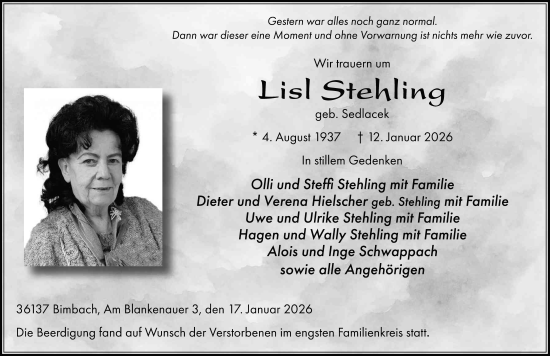 Traueranzeige von Lisl Stehling von FZ