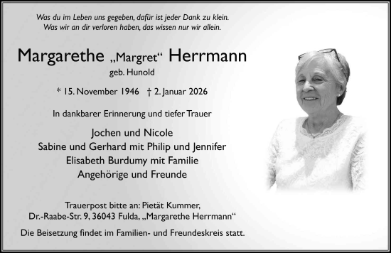 Traueranzeige von Margarethe Margret Herrmann von FZ