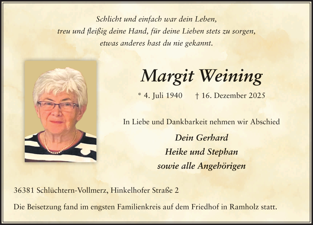  Traueranzeige für Margit Weining vom 10.01.2026 aus FZ