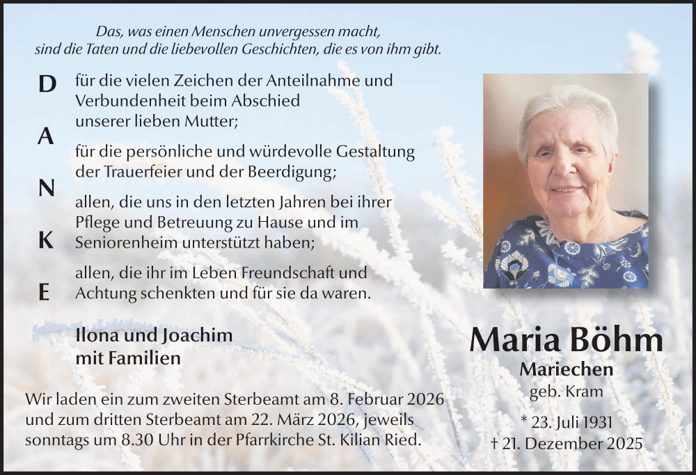  Traueranzeige für Maria Böhm vom 31.01.2026 aus FZ