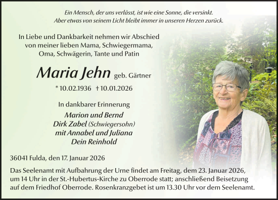 Traueranzeige von Maria Jehn von FZ