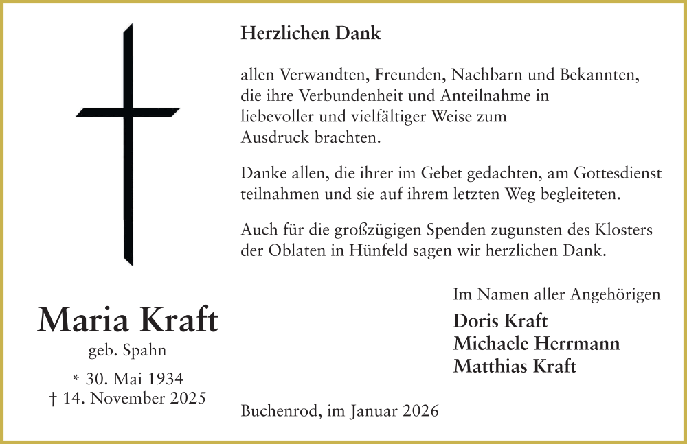  Traueranzeige für Maria Kraft vom 24.01.2026 aus FZ