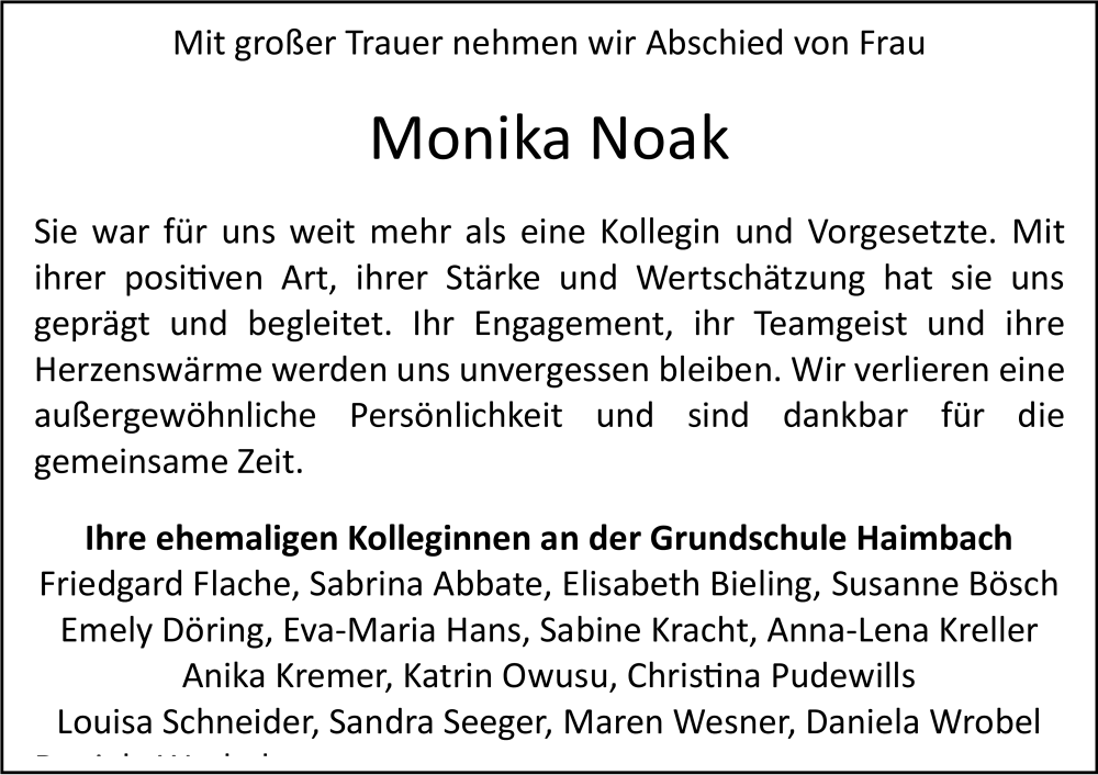  Traueranzeige für Monika Noak vom 31.01.2026 aus FZ