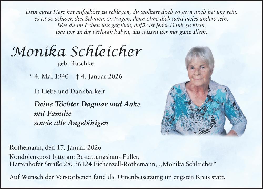  Traueranzeige für Monika Schleicher vom 17.01.2026 aus FZ