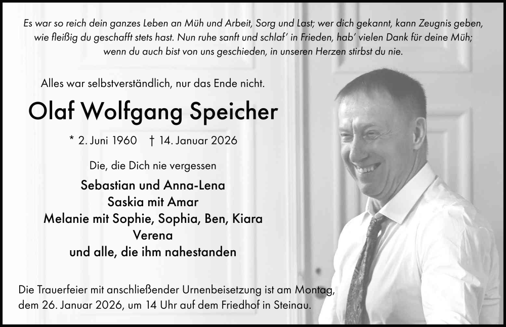  Traueranzeige für Olaf Wolfgang Speicher vom 22.01.2026 aus FZ
