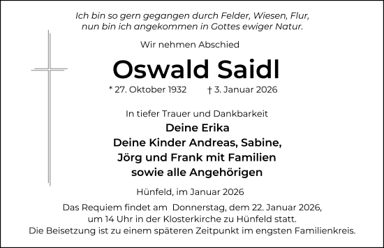Traueranzeige von Oswald Saidl von FZ