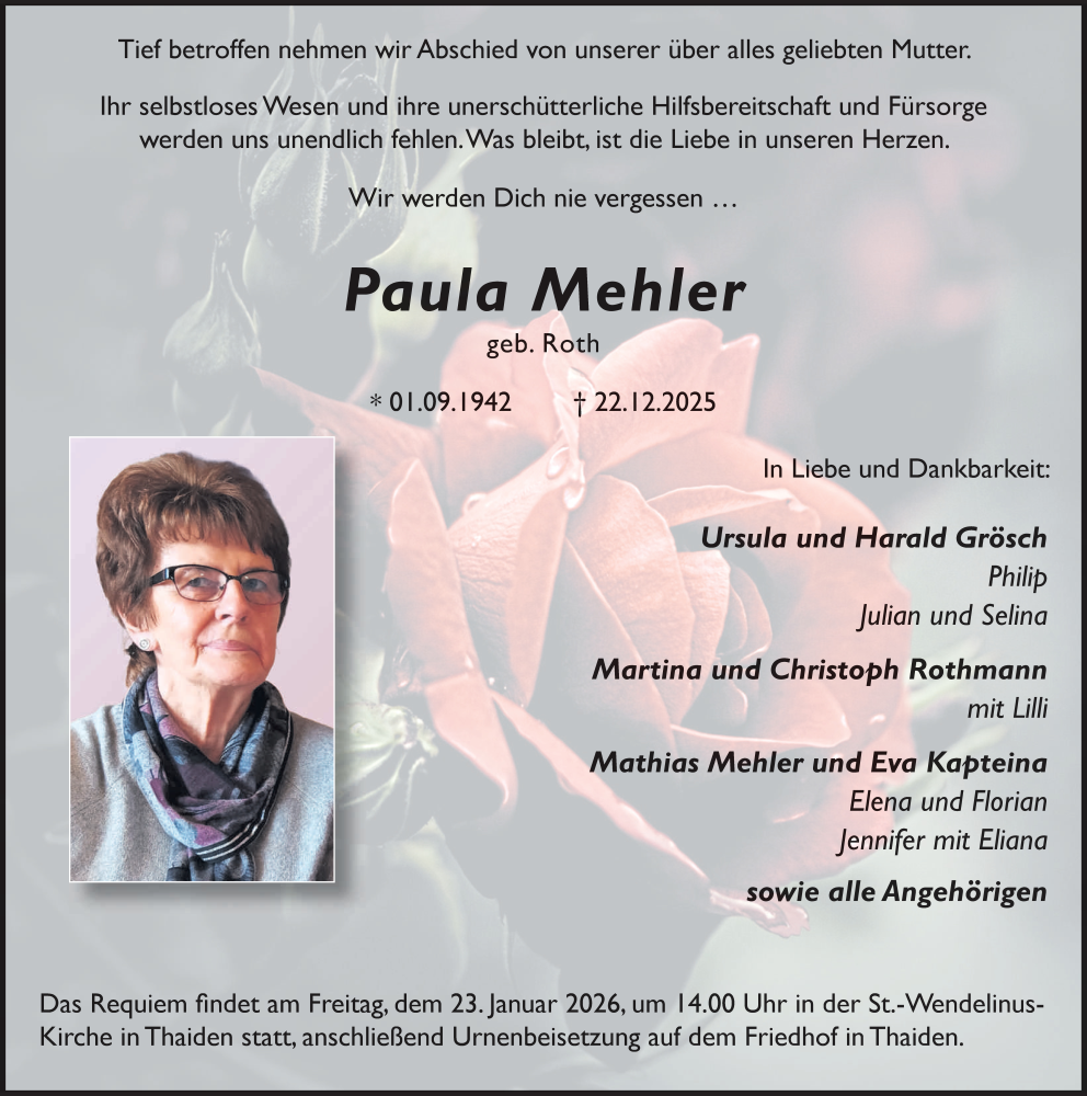  Traueranzeige für Paula Mehler vom 19.01.2026 aus FZ