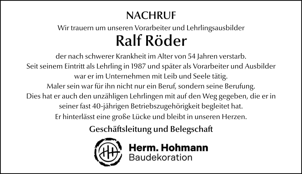  Traueranzeige für Ralf Röder vom 31.01.2026 aus FZ
