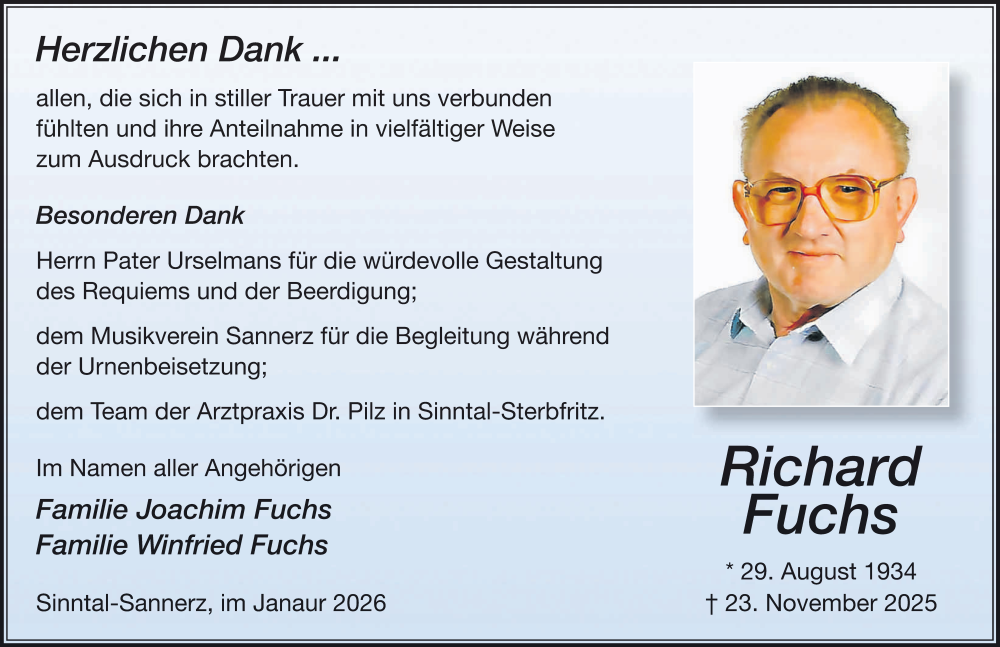  Traueranzeige für Richard Fuchs vom 17.01.2026 aus FZ