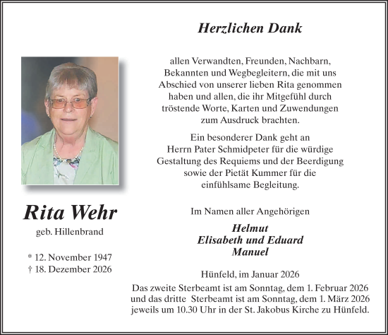 Traueranzeige von Rita Wehr von FZ
