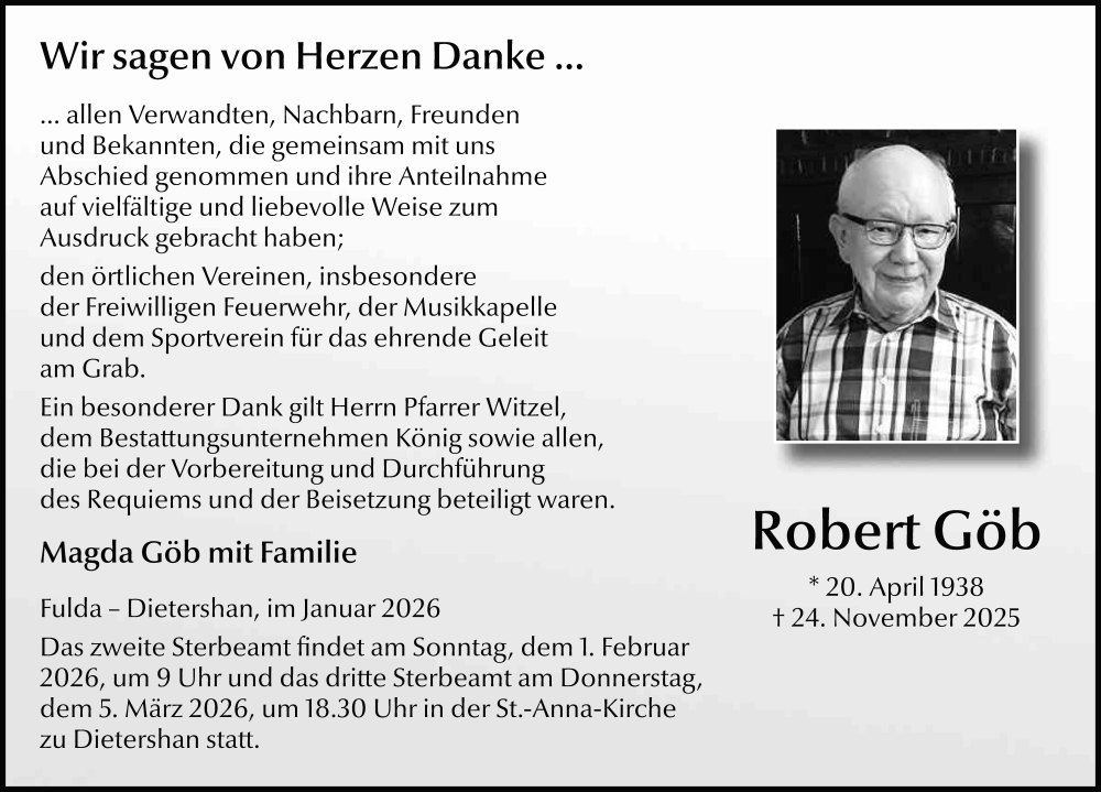  Traueranzeige für Robert Göb vom 03.01.2026 aus FZ