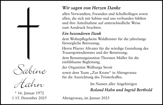 Traueranzeige von Sabine Hahn von FZ