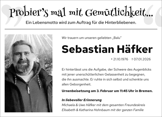 Traueranzeige von Sebastian Häfker von FZ