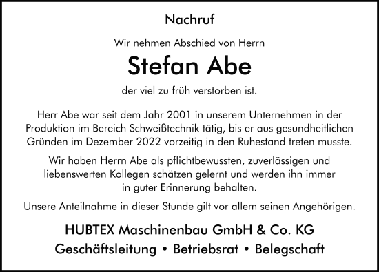 Traueranzeige von Stefan Abe von FZ