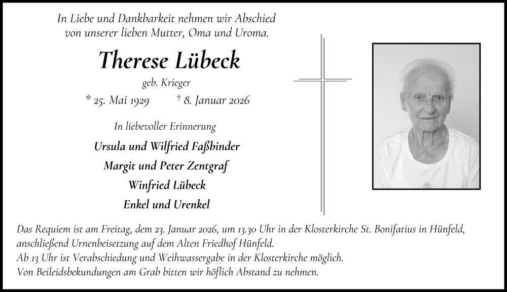  Traueranzeige für Therese Lübeck vom 20.01.2026 aus FZ