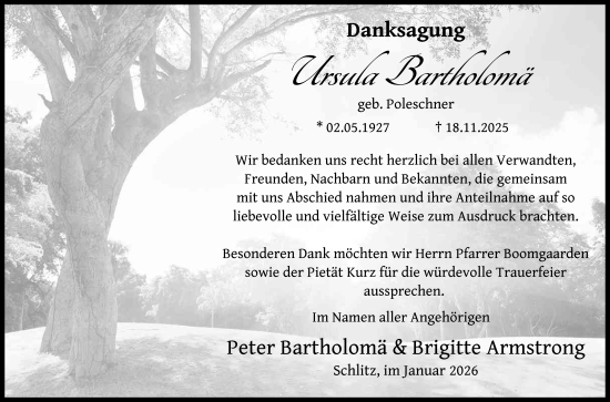 Traueranzeige von Ursula Bartholomä von FZ
