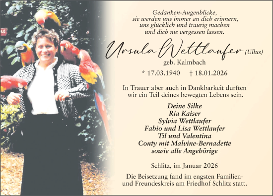 Traueranzeige von Ursula Wettlaufer von FZ