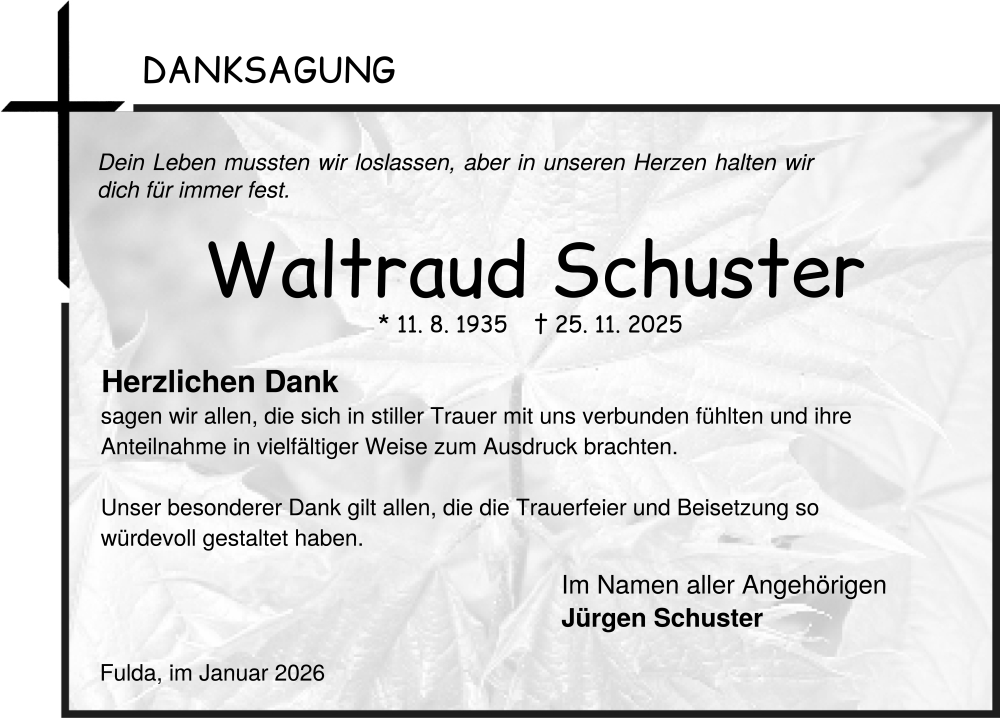  Traueranzeige für Waltraud Schuster vom 24.01.2026 aus FZ