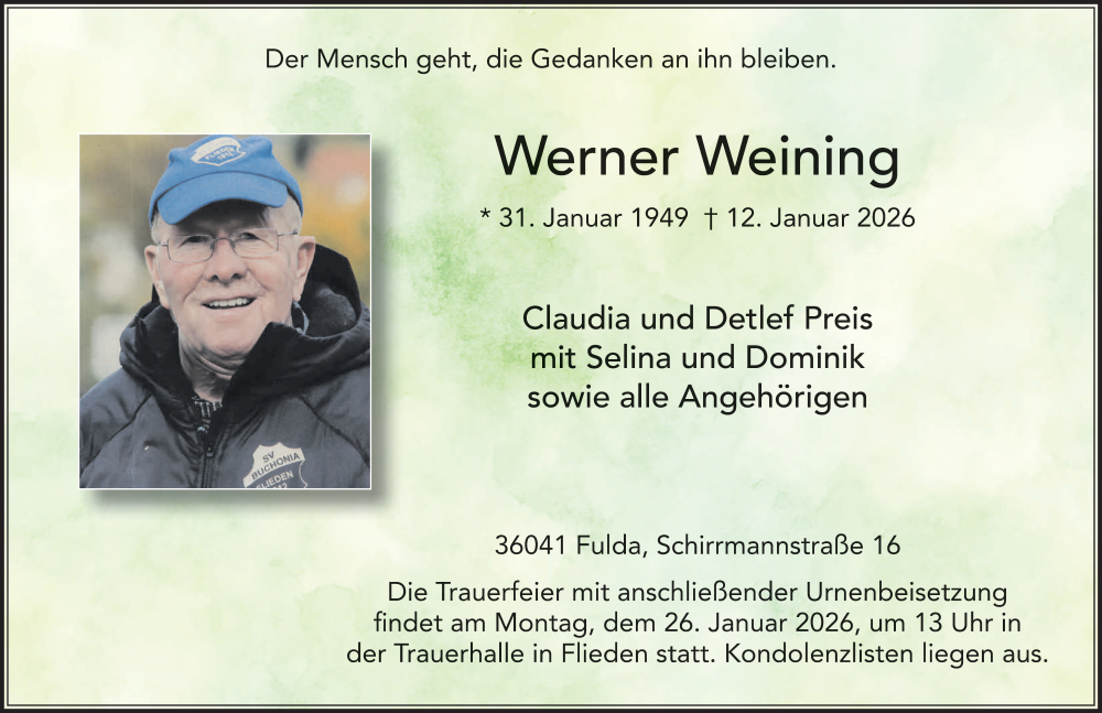  Traueranzeige für Werner Weining vom 22.01.2026 aus FZ