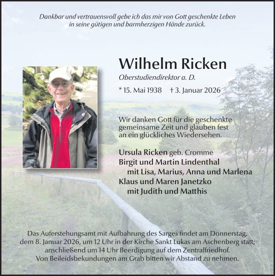 Traueranzeige von Wilhelm Ricken von FZ