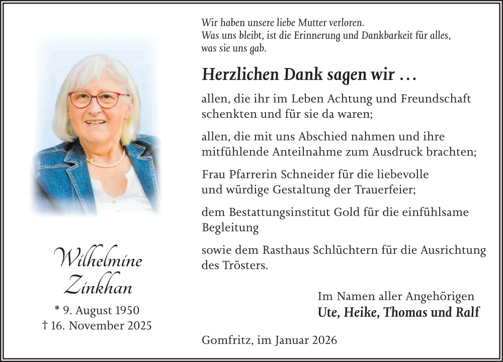  Traueranzeige für Wilhelmine Zinkhan vom 17.01.2026 aus FZ