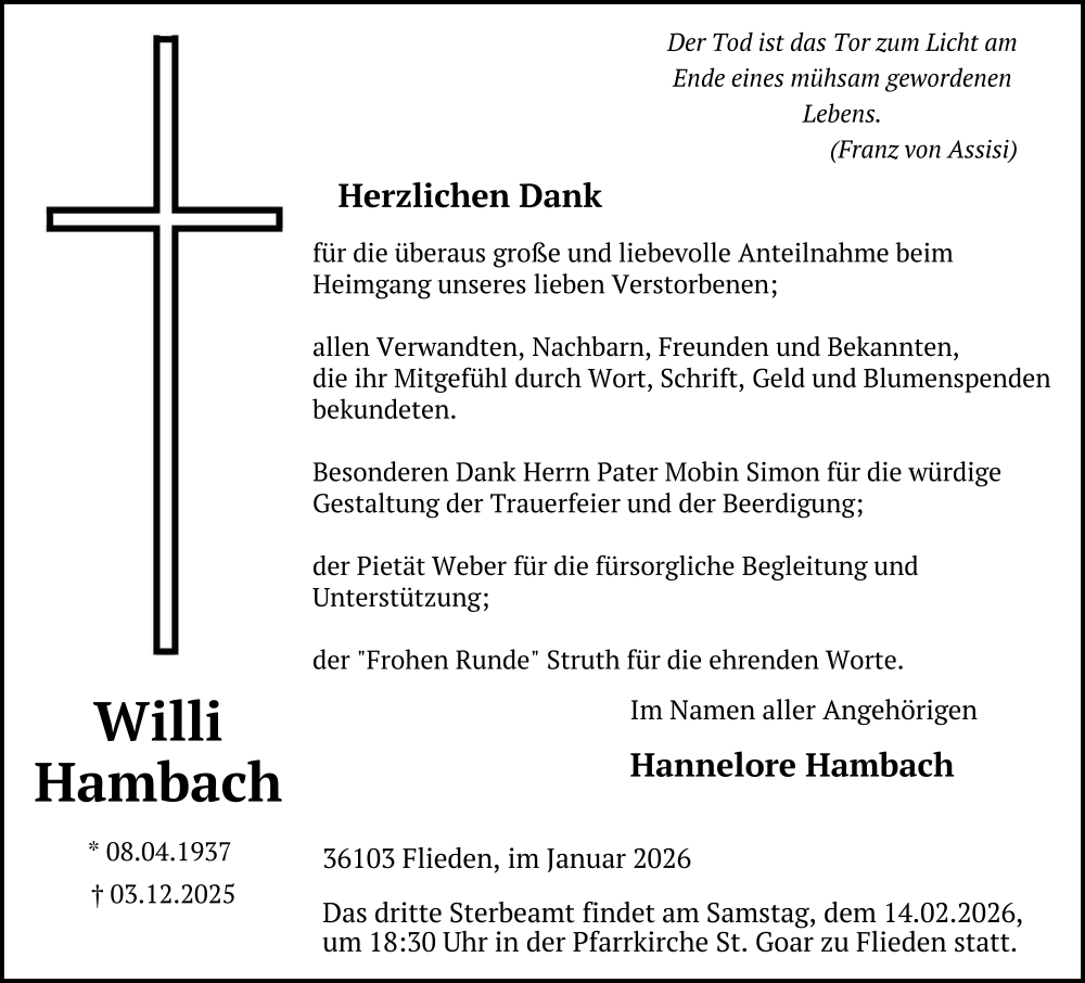  Traueranzeige für Willi Hambach vom 24.01.2026 aus FZ