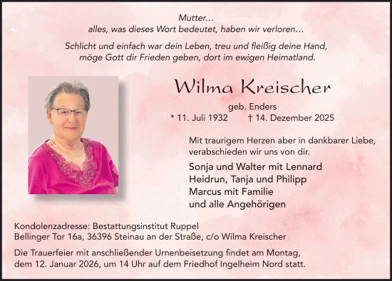 Traueranzeige von Wilma Kreischer von FZ
