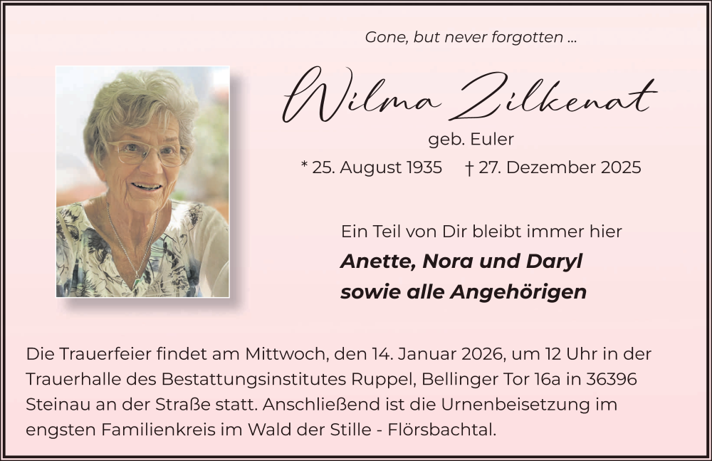  Traueranzeige für Wilma Zilkenat vom 10.01.2026 aus FZ