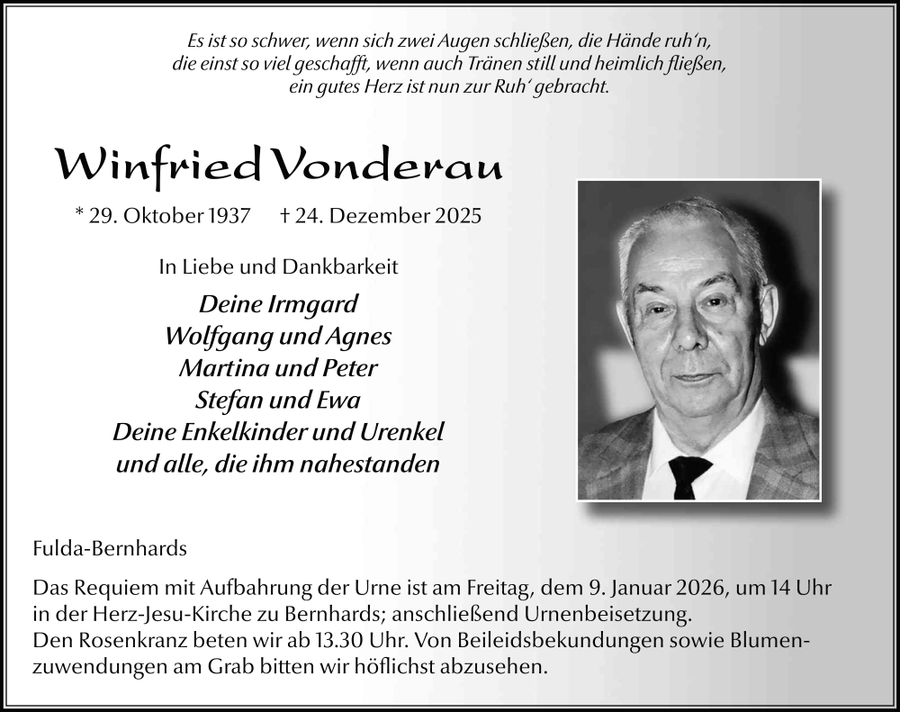  Traueranzeige für Winfried Vonderau vom 06.01.2026 aus FZ