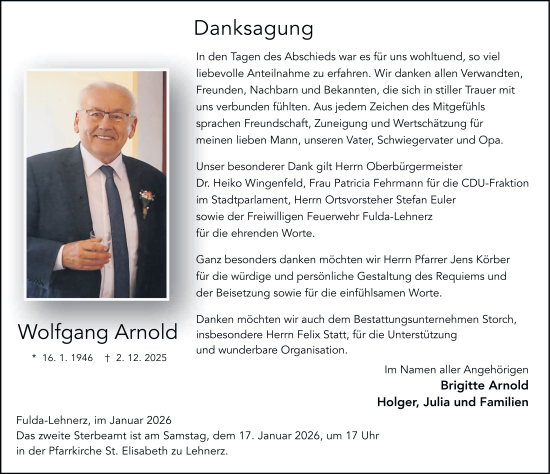 Traueranzeige von Wolfgang Arnold von FZ