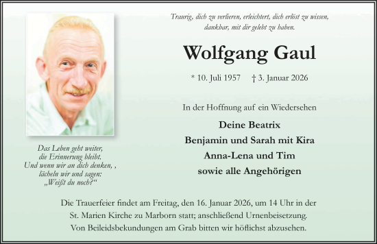 Traueranzeige von Wolfgang Gaul von FZ