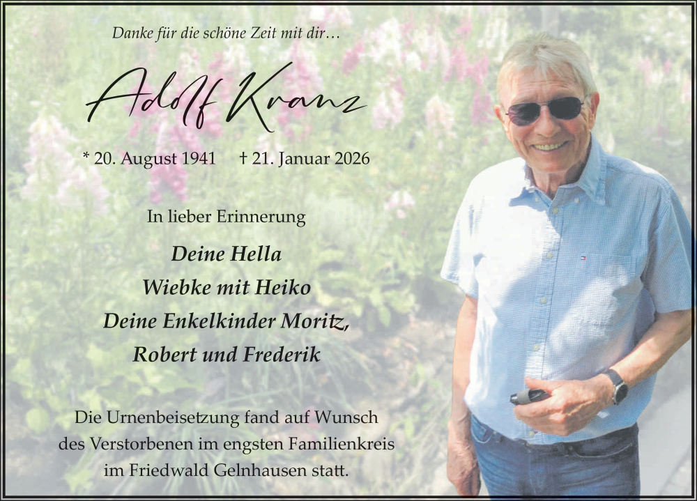  Traueranzeige für Adolf Kranz vom 28.02.2026 aus FZ