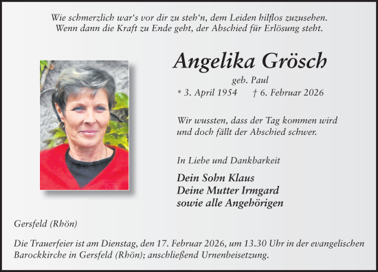 Traueranzeige von Angelika Grösch von FZ