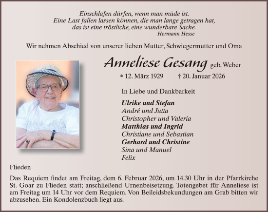 Traueranzeige von Anneliese Gesang von FZ